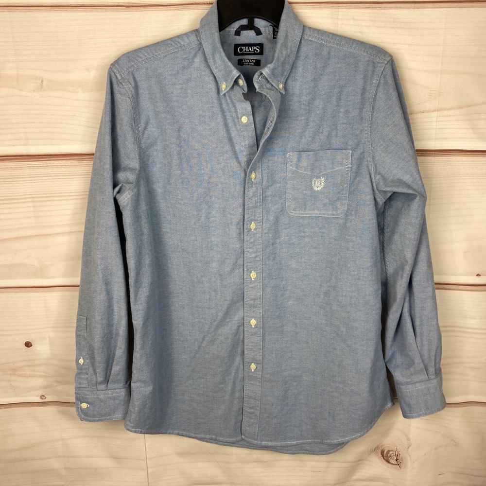 Chaps Shirt Mens L Blue Stretch Oxford Button Down Long Sleeve Top Collar Pocket